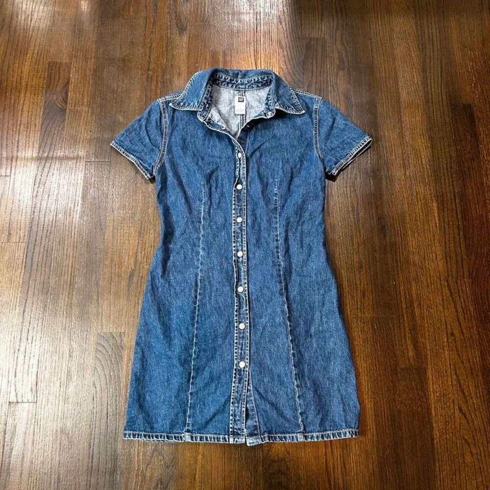 VTG Y2K Gap Factory Denim Snap Dress Women's 4 Cap Sleeve Button Front Cotton